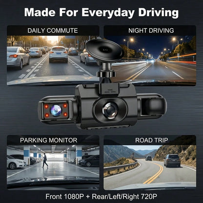 Curear 4-Channel Car DVR Kit, 1080P Front Camera + 720P Rear/Left/Right Cameras, Multi-Camera Dashcam, Gravity Sensor, Night Vision, SD Card Not Included.