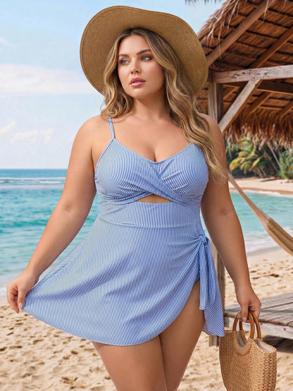 CURVE+ 2026Plus Size Women's 2026 New Striped Hollow-Out Swimsuit Dress, Vacation Beach