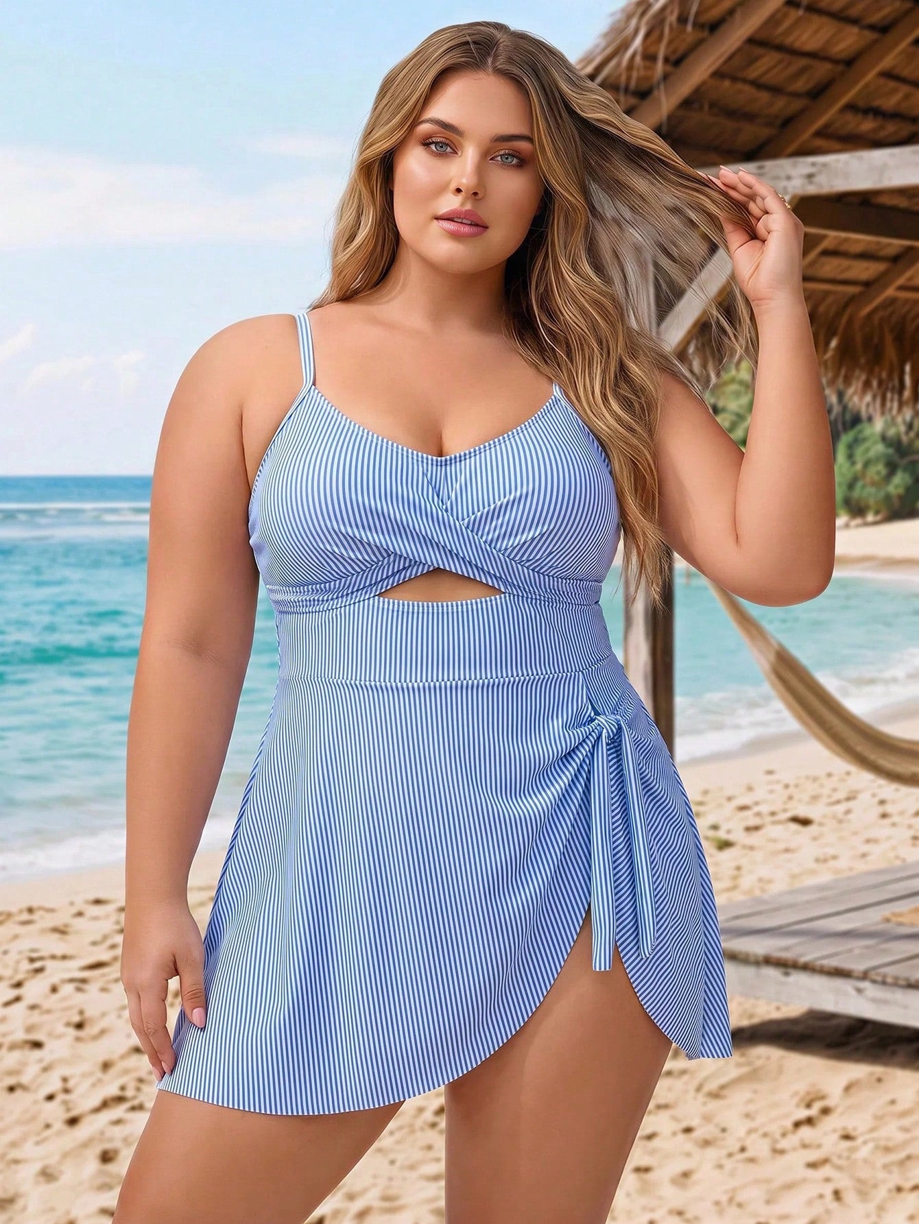 CURVE+ 2026Plus Size Women's 2026 New Striped Hollow-Out Swimsuit Dress, Vacation Beach
