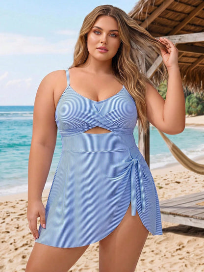 CURVE+ 2026Plus Size Women's 2026 New Striped Hollow-Out Swimsuit Dress, Vacation Beach