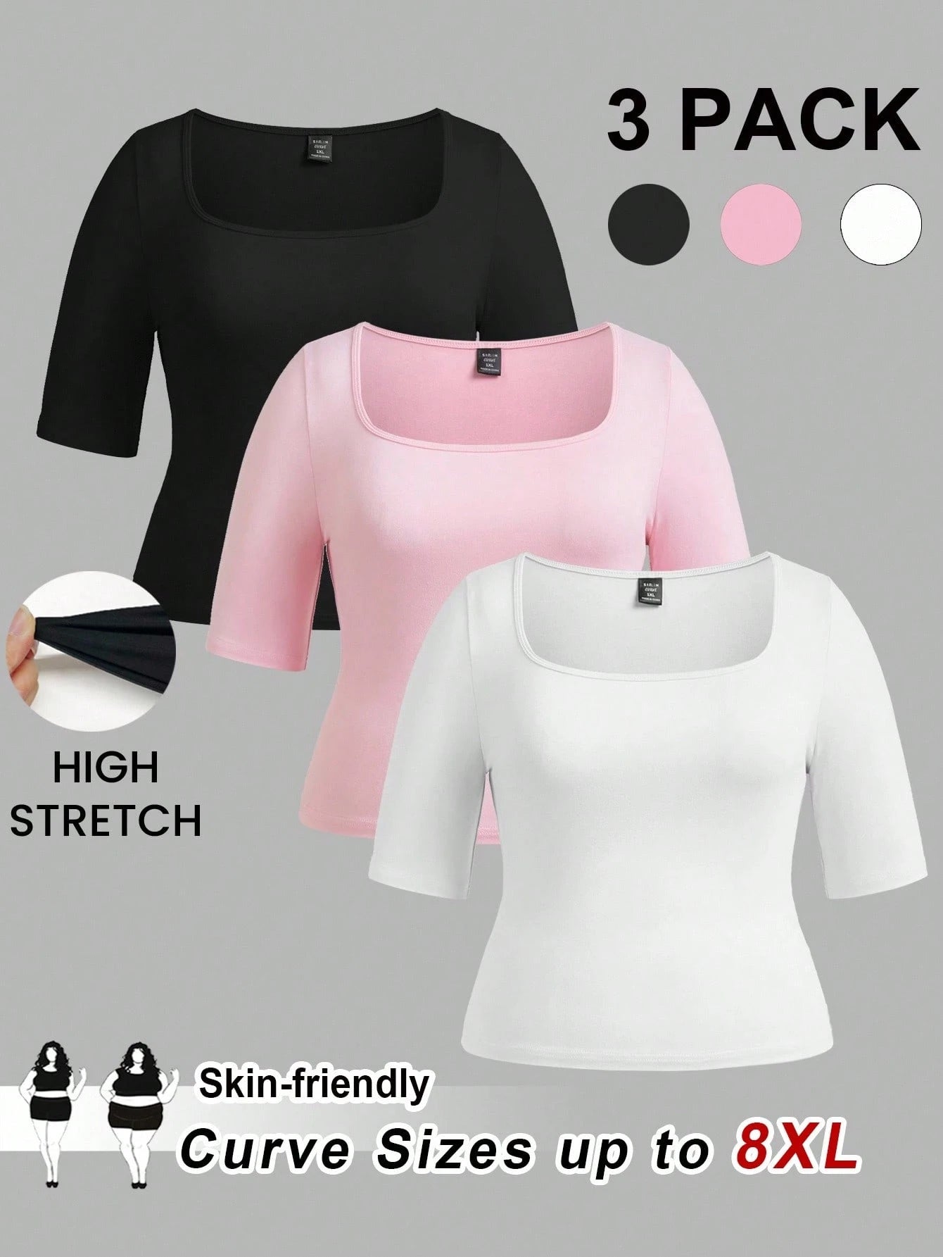 CURVE+ 3pcs/Set Casual Smart Casual Solid Color Knit Square Neck Short Sleeve Slim Fit Plus Size T-Shirts Clothes For Women,CURVE PLUS Black Light Pink White