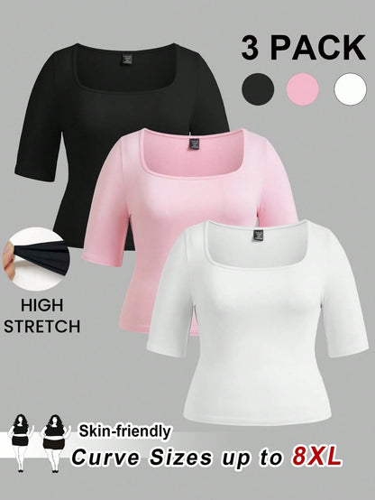 CURVE+ 3pcs/Set Casual Smart Casual Solid Color Knit Square Neck Short Sleeve Slim Fit Plus Size T-Shirts Clothes For Women,CURVE PLUS Black Light Pink White