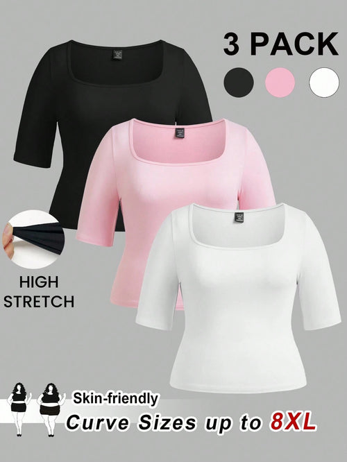 CURVE+ 3pcs/Set Casual Smart Casual Solid Color Knit Square Neck Short Sleeve Slim Fit Plus Size T-Shirts Clothes For Women,CURVE PLUS Black Light Pink White