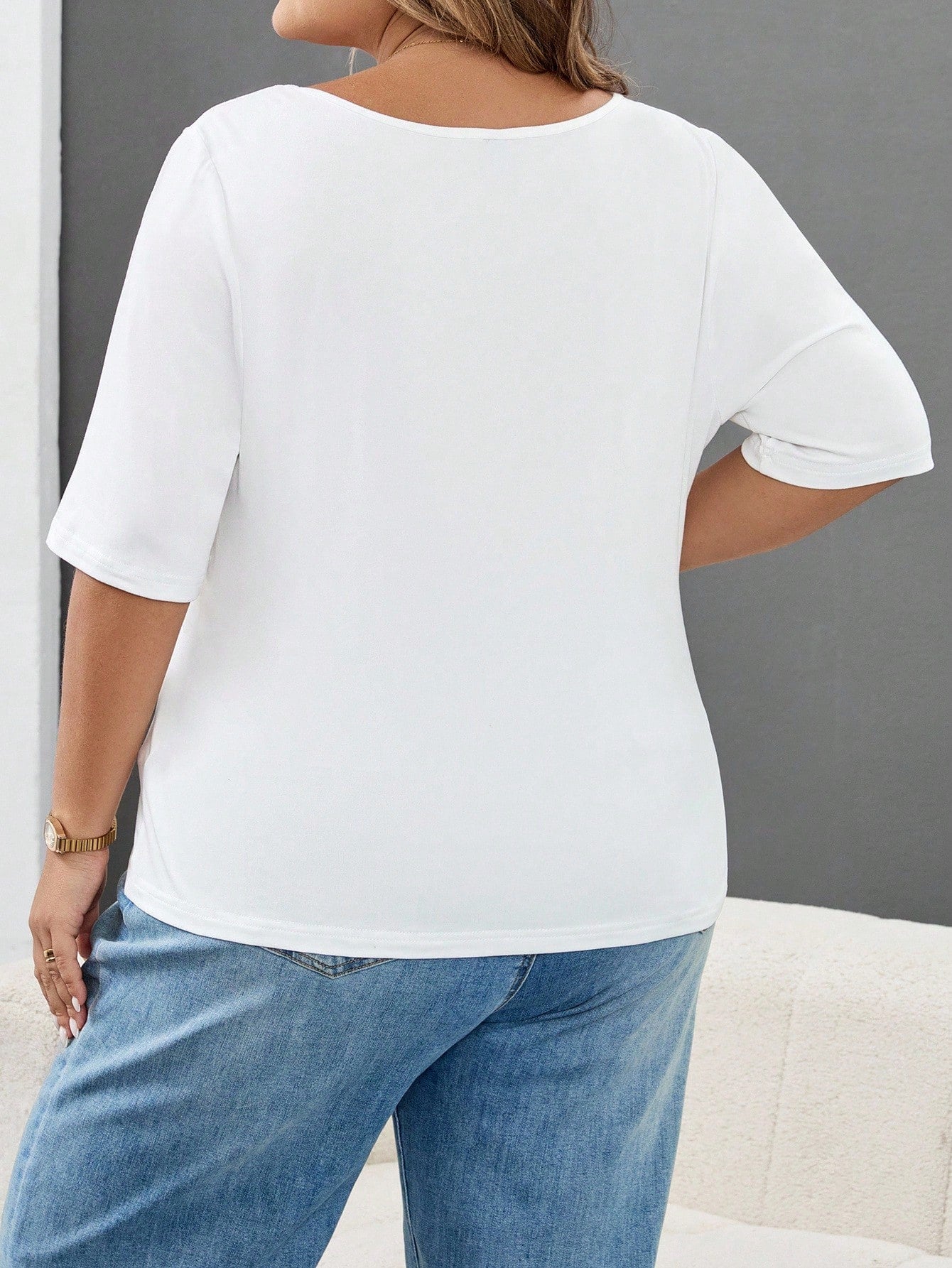 CURVE+ 3pcs/Set Casual Smart Casual Solid Color Knit Square Neck Short Sleeve Slim Fit Plus Size T-Shirts Clothes For Women,CURVE PLUS Black Light Pink White