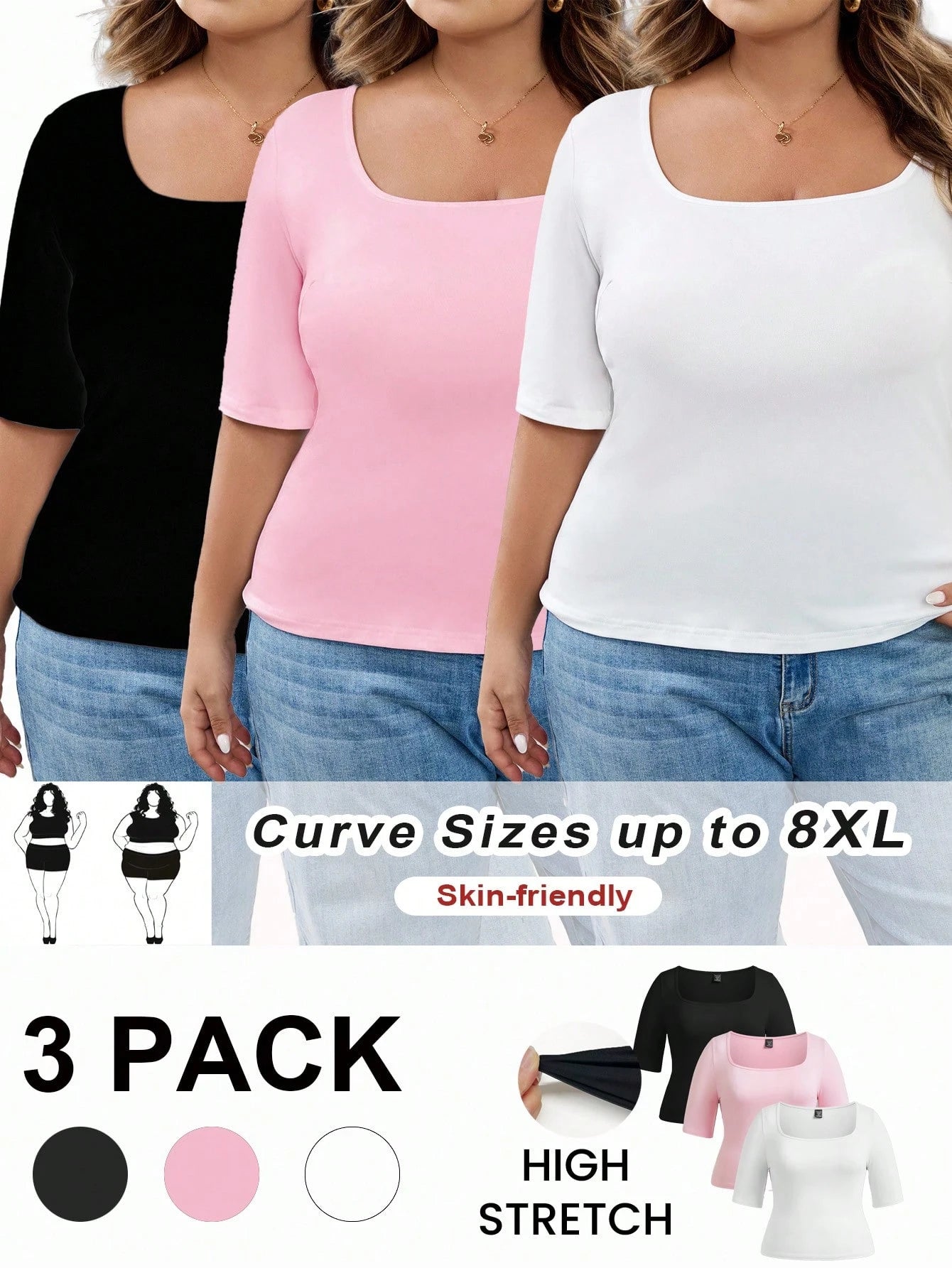 CURVE+ 3pcs/Set Casual Smart Casual Solid Color Knit Square Neck Short Sleeve Slim Fit Plus Size T-Shirts Clothes For Women,CURVE PLUS Black Light Pink White