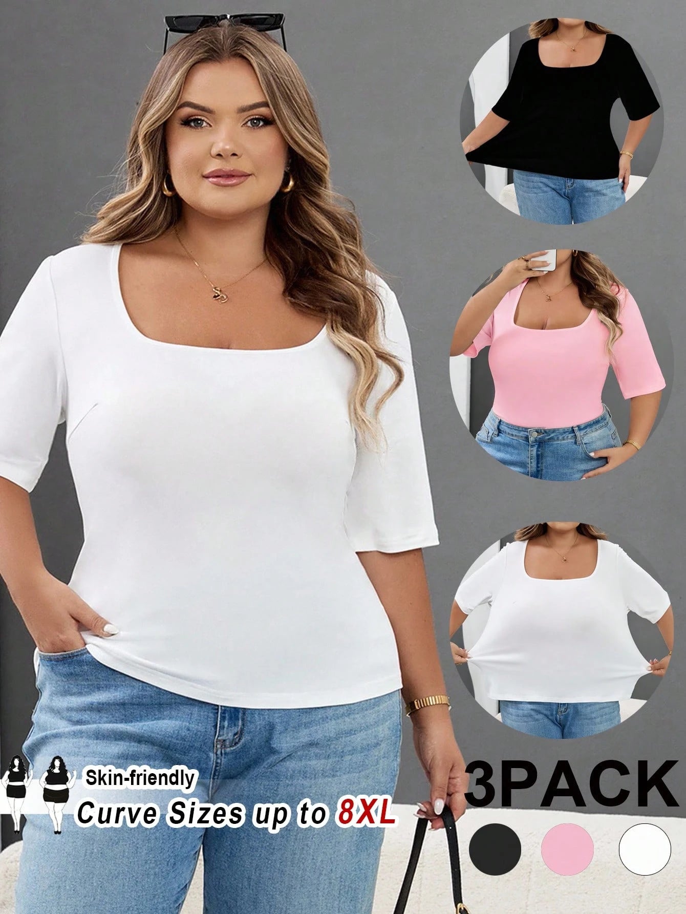 CURVE+ 3pcs/Set Casual Smart Casual Solid Color Knit Square Neck Short Sleeve Slim Fit Plus Size T-Shirts Clothes For Women,CURVE PLUS Black Light Pink White