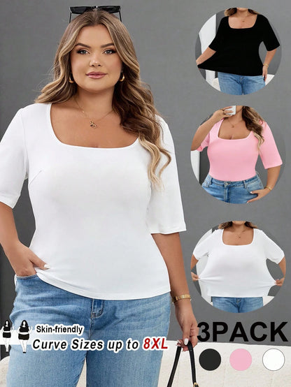 CURVE+ 3pcs/Set Casual Smart Casual Solid Color Knit Square Neck Short Sleeve Slim Fit Plus Size T-Shirts Clothes For Women,CURVE PLUS Black Light Pink White