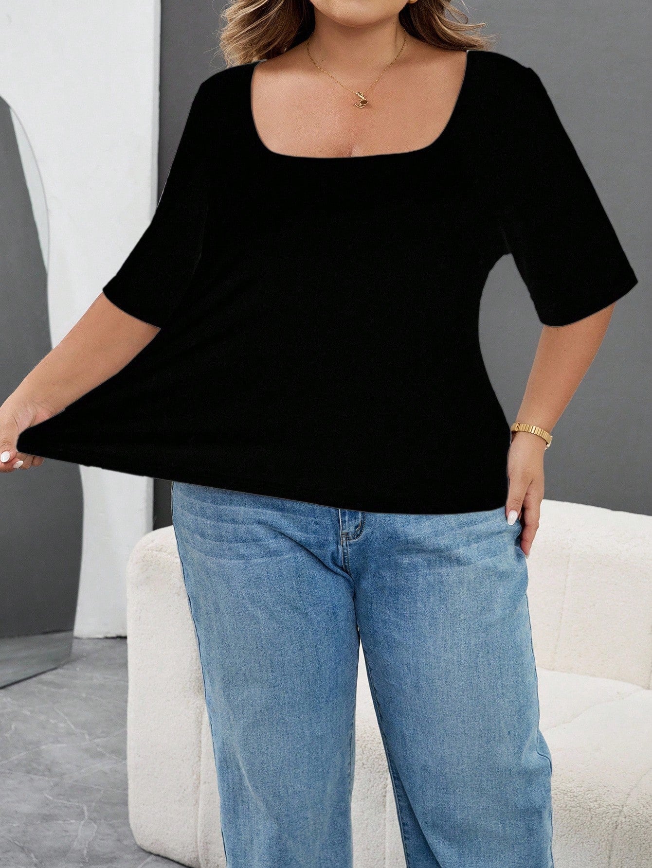 CURVE+ 3pcs/Set Casual Smart Casual Solid Color Knit Square Neck Short Sleeve Slim Fit Plus Size T-Shirts Clothes For Women,CURVE PLUS Black Light Pink White