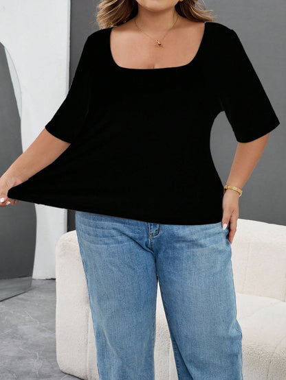 CURVE+ 3pcs/Set Casual Smart Casual Solid Color Knit Square Neck Short Sleeve Slim Fit Plus Size T-Shirts Clothes For Women,CURVE PLUS Black Light Pink White