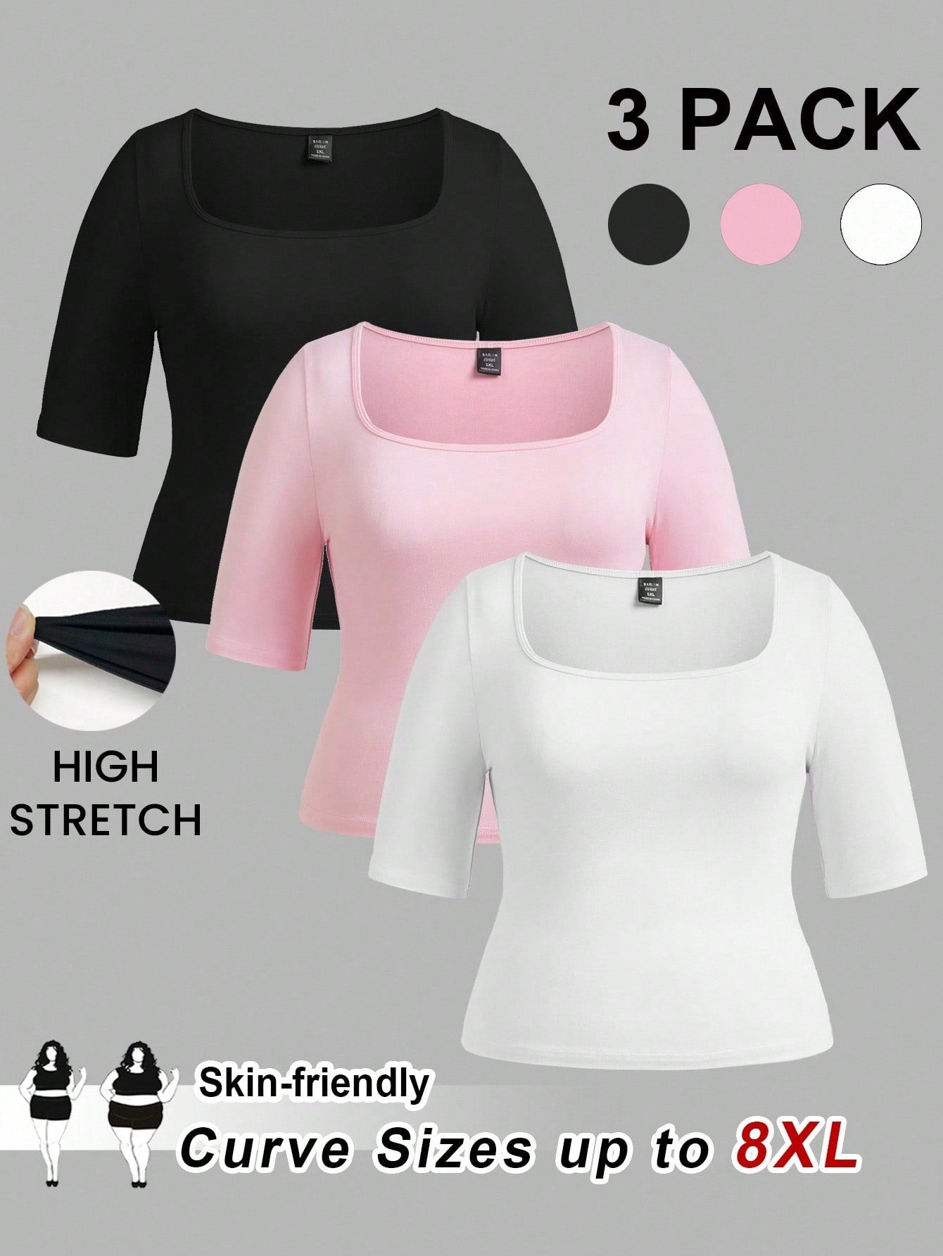 CURVE+ 3pcs/Set Casual Smart Casual Solid Color Knit Square Neck Short Sleeve Slim Fit Plus Size T-Shirts Clothes For Women,CURVE PLUS Black Light Pink White