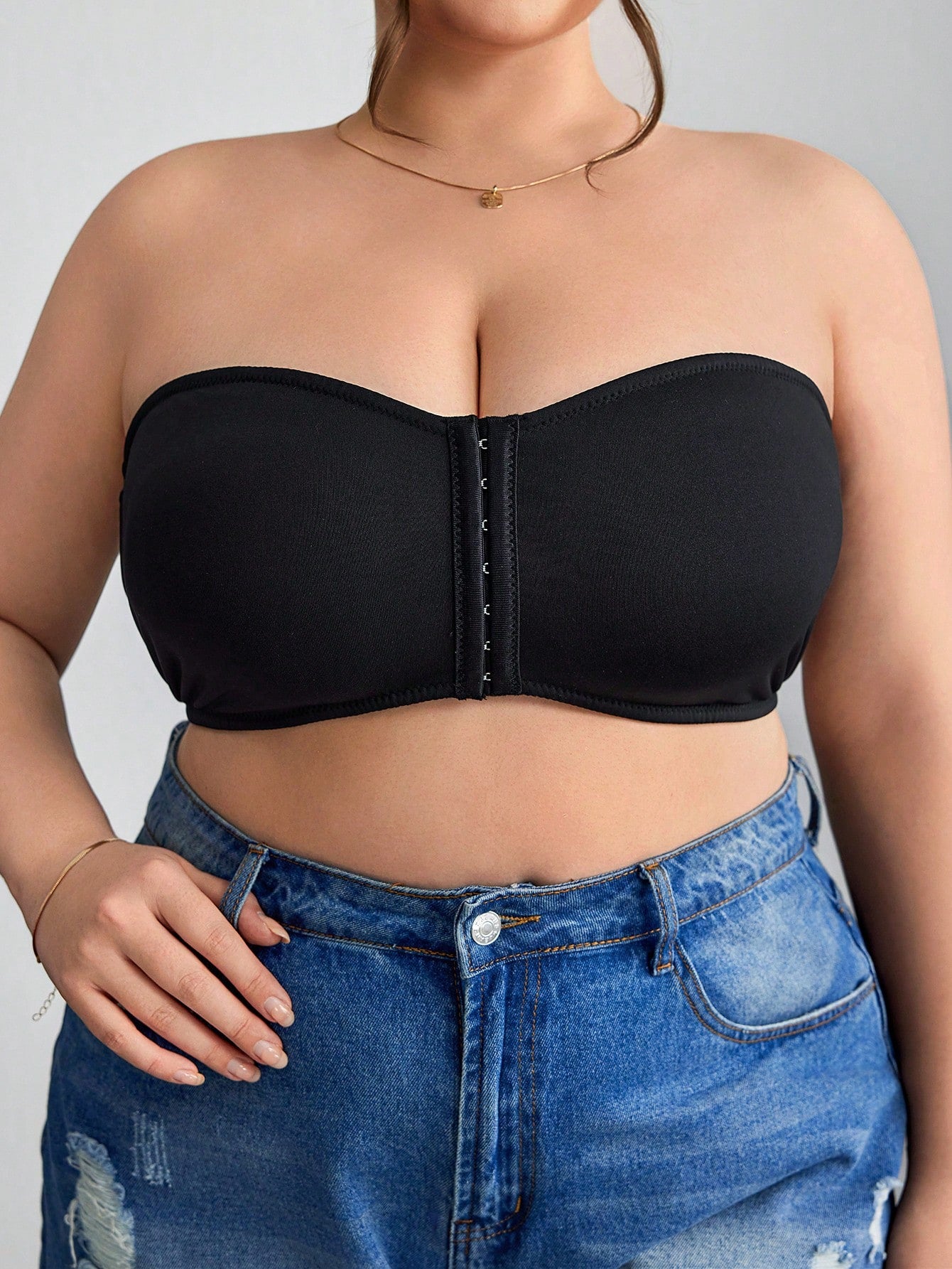 CURVE+ Front Zip Plus Size Minimizer Padded Bra Tank Top,Curve Plus,Hoho Vacation Evening Black Summer Casual Formal