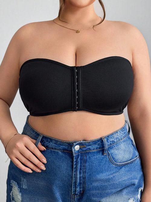 CURVE+ Front Zip Plus Size Minimizer Padded Bra Tank Top,Curve Plus,Hoho Vacation Evening Black Summer Casual Formal