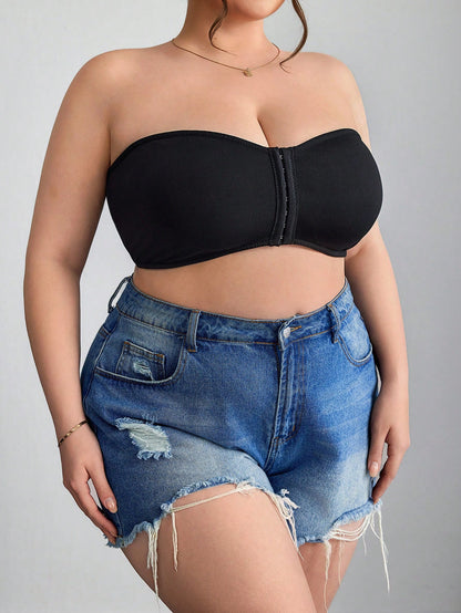 CURVE+ Front Zip Plus Size Minimizer Padded Bra Tank Top,Curve Plus,Hoho Vacation Evening Black Summer Casual Formal