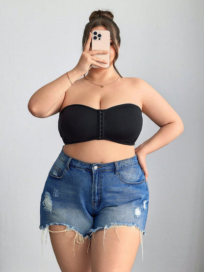 CURVE+ Front Zip Plus Size Minimizer Padded Bra Tank Top,Curve Plus,Hoho Vacation Evening Black Summer Casual Formal