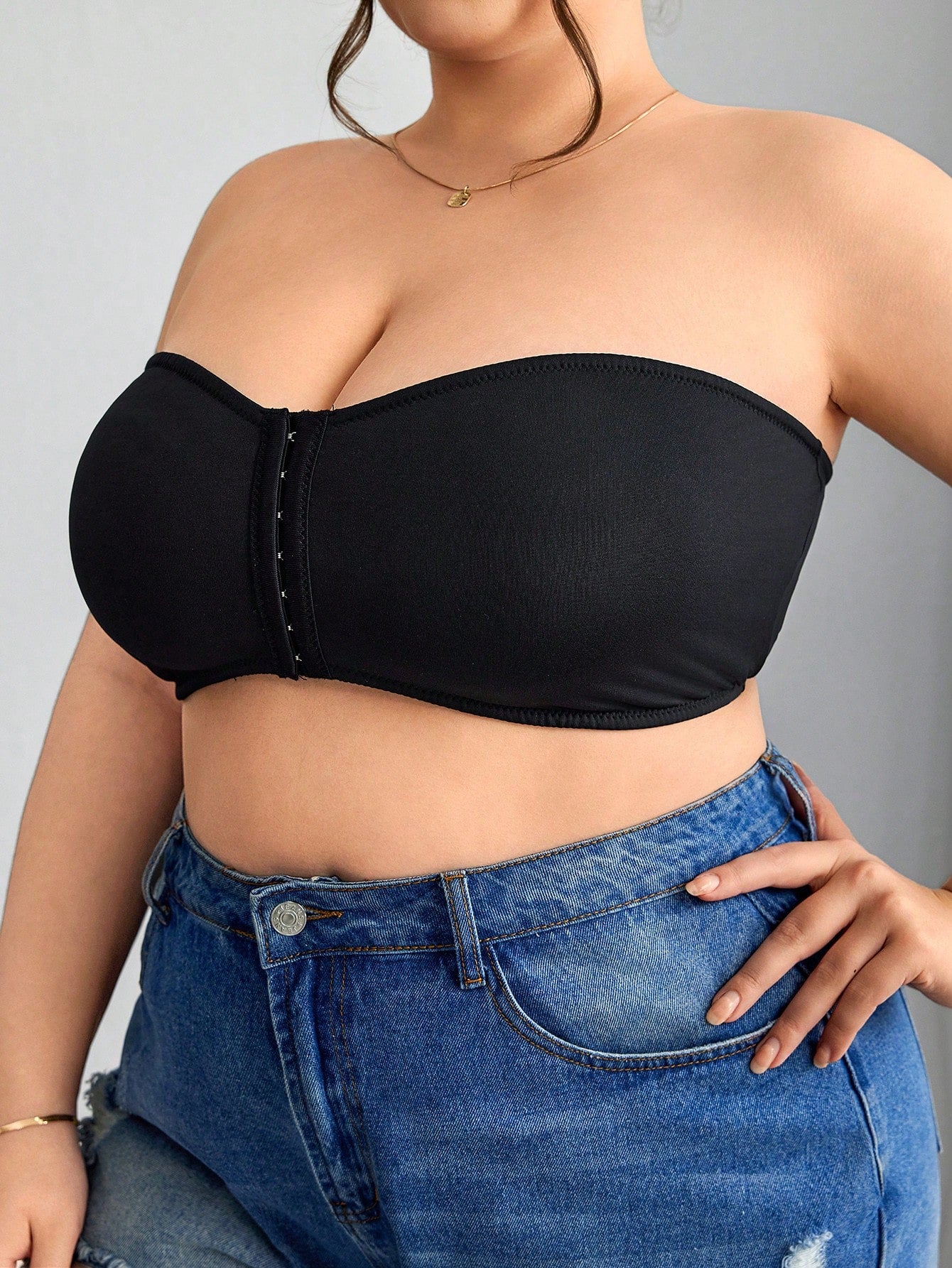 CURVE+ Front Zip Plus Size Minimizer Padded Bra Tank Top,Curve Plus,Hoho Vacation Evening Black Summer Casual Formal