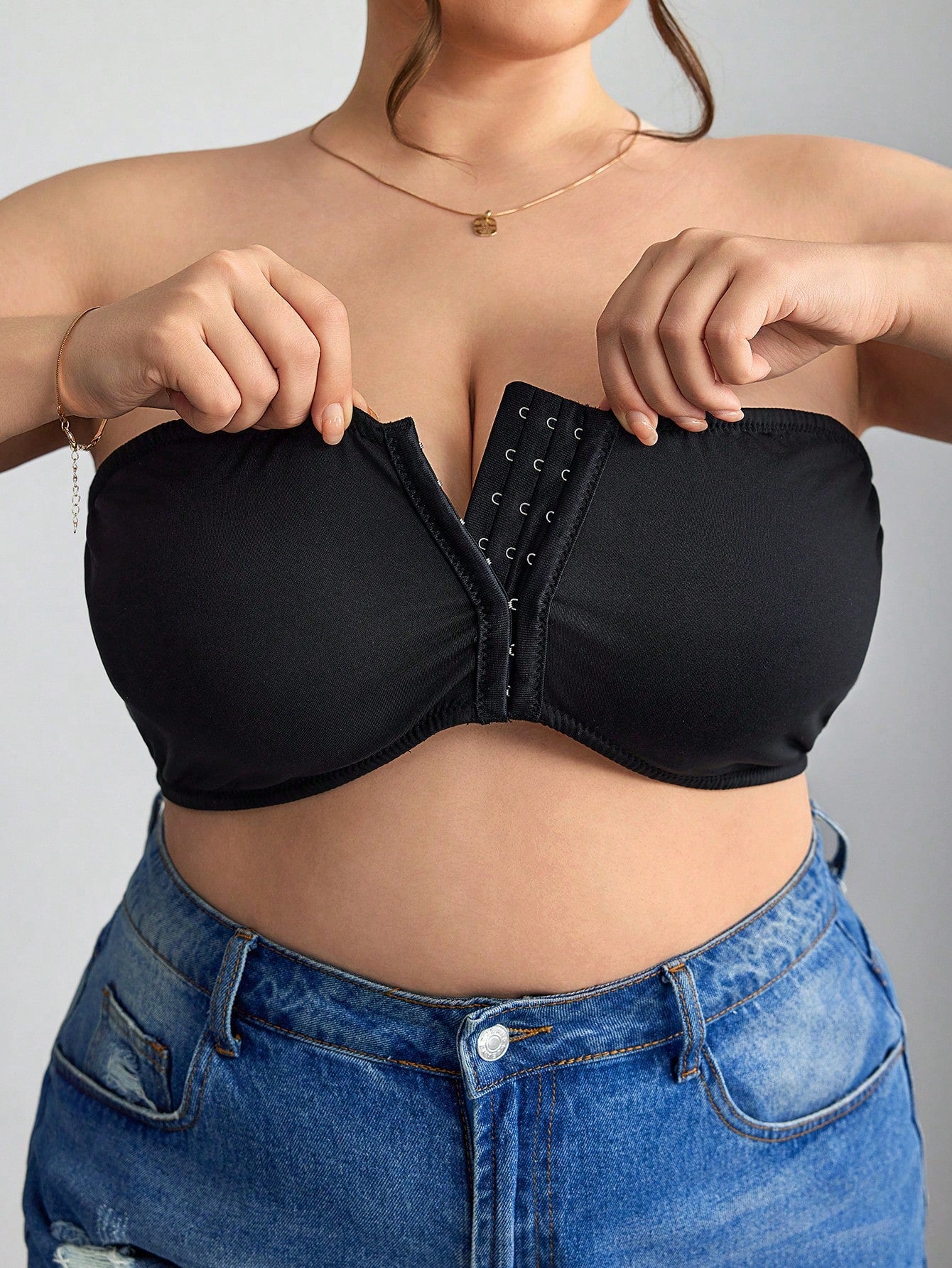 CURVE+ Front Zip Plus Size Minimizer Padded Bra Tank Top,Curve Plus,Hoho Vacation Evening Black Summer Casual Formal