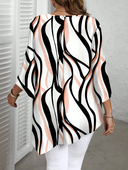 CURVE+ Plus Size Extra Long Asymmetrical All Over Print Shirt Autumn And Women Clothes Chic Blouses For Women Office White Casual Formal