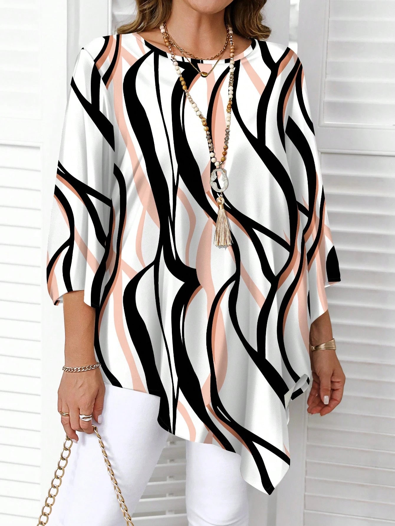 CURVE+ Plus Size Extra Long Asymmetrical All Over Print Shirt Autumn And Women Clothes Chic Blouses For Women Office White Casual Formal