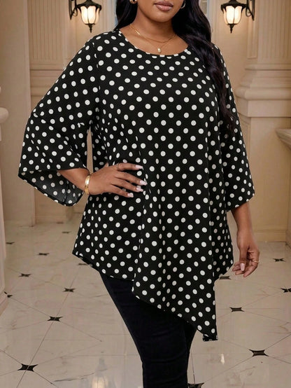 CURVE+ Plus Size Extra Long Asymmetrical All Over Print Shirt Autumn And Women Clothes Chic Blouses For Women Office White Casual Formal