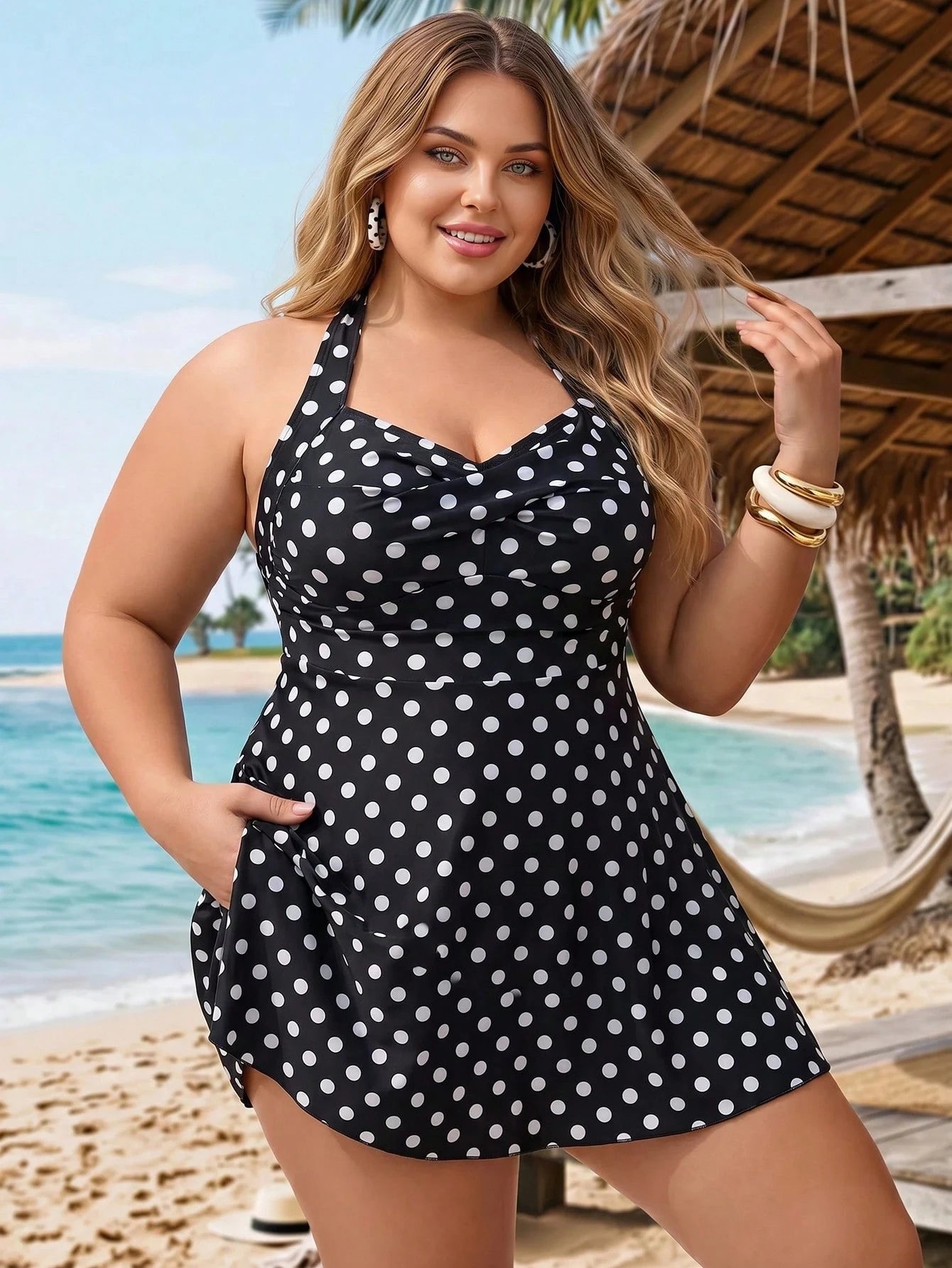 CURVE+ Plus Size Women's 2-Piece Polka Dot Print Cross Halter Tie Waist Bikini Swimsuit,Black Summer 1920s Flapper Beach Holiday Concealing Belly Swimwear