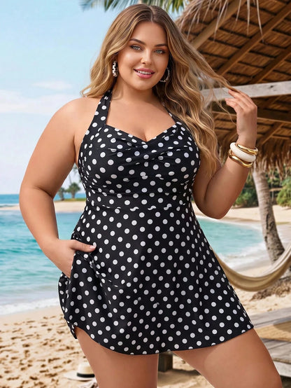 CURVE+ Plus Size Women's 2-Piece Polka Dot Print Cross Halter Tie Waist Bikini Swimsuit,Black Summer 1920s Flapper Beach Holiday Concealing Belly Swimwear