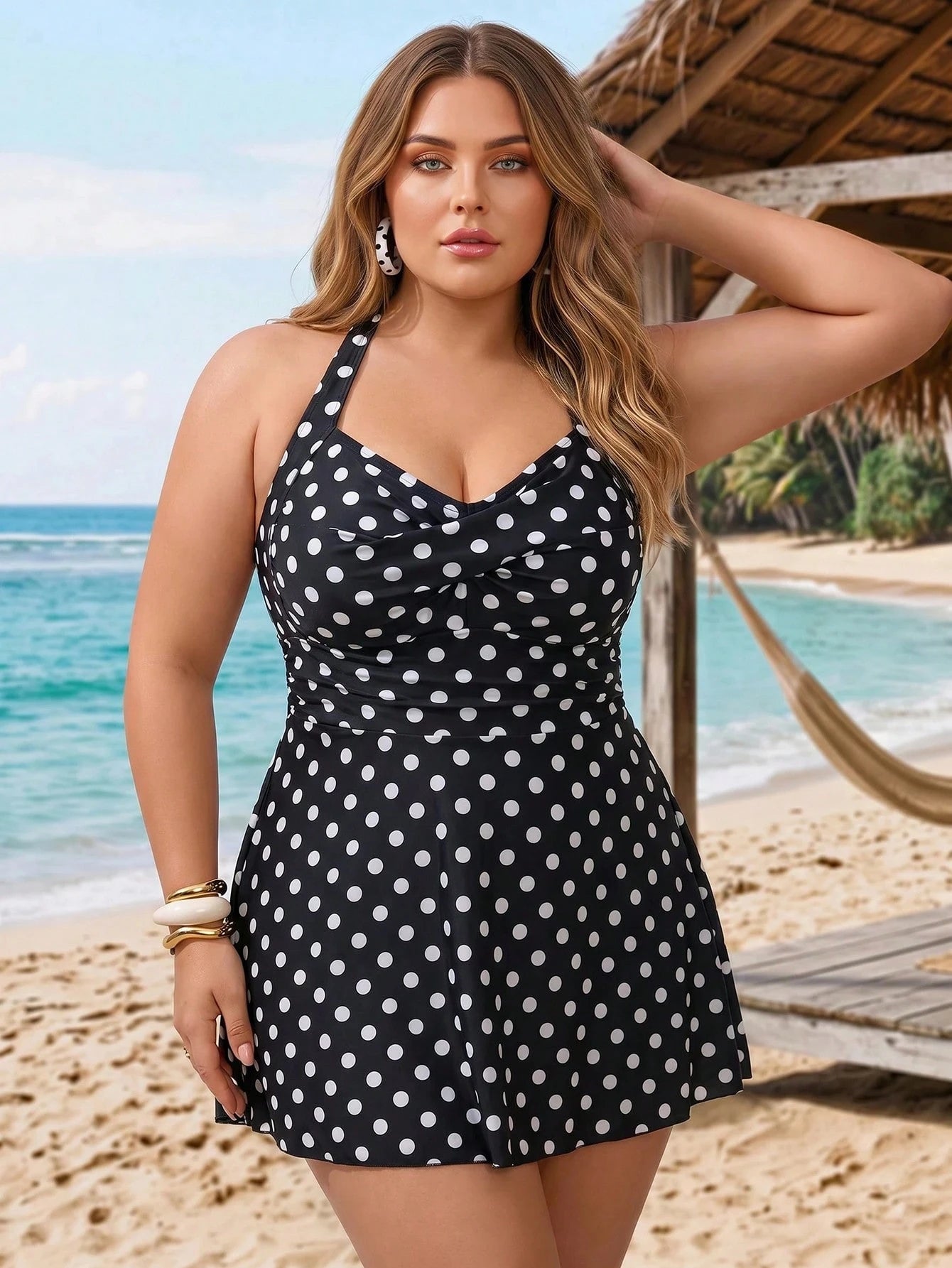 CURVE+ Plus Size Women's 2-Piece Polka Dot Print Cross Halter Tie Waist Bikini Swimsuit,Black Summer 1920s Flapper Beach Holiday Concealing Belly Swimwear