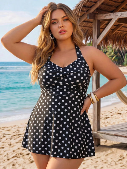 CURVE+ Plus Size Women's 2-Piece Polka Dot Print Cross Halter Tie Waist Bikini Swimsuit,Black Summer 1920s Flapper Beach Holiday Concealing Belly Swimwear