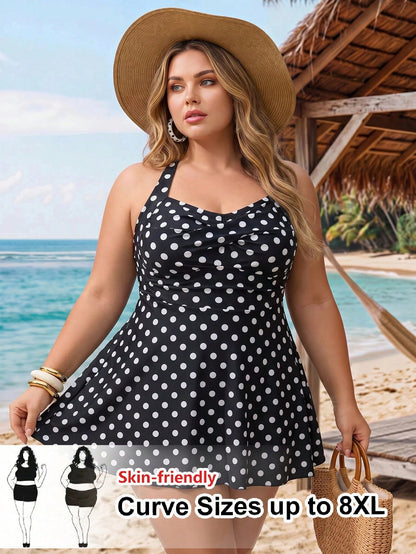CURVE+ Plus Size Women's 2-Piece Polka Dot Print Cross Halter Tie Waist Bikini Swimsuit,Black Summer 1920s Flapper Beach Holiday Concealing Belly Swimwear