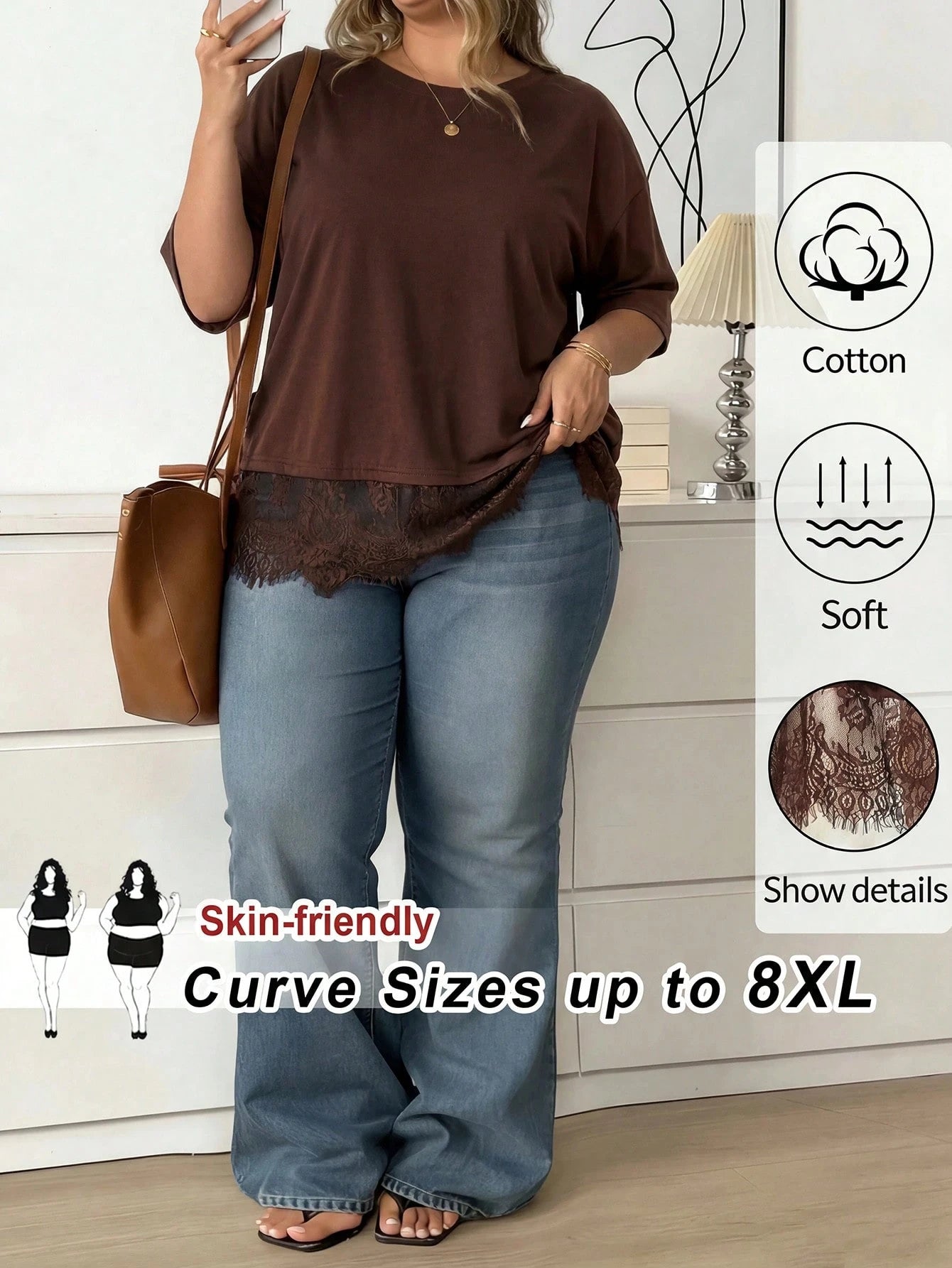 CURVE+ Plus Size Women's Cotton Blend T-Shirt,Elegant Lace Hem Round Neck Casual Top,Brown,Autumn,Smart Casual,Everyday,Short Sleeved Fashionable Black Top
