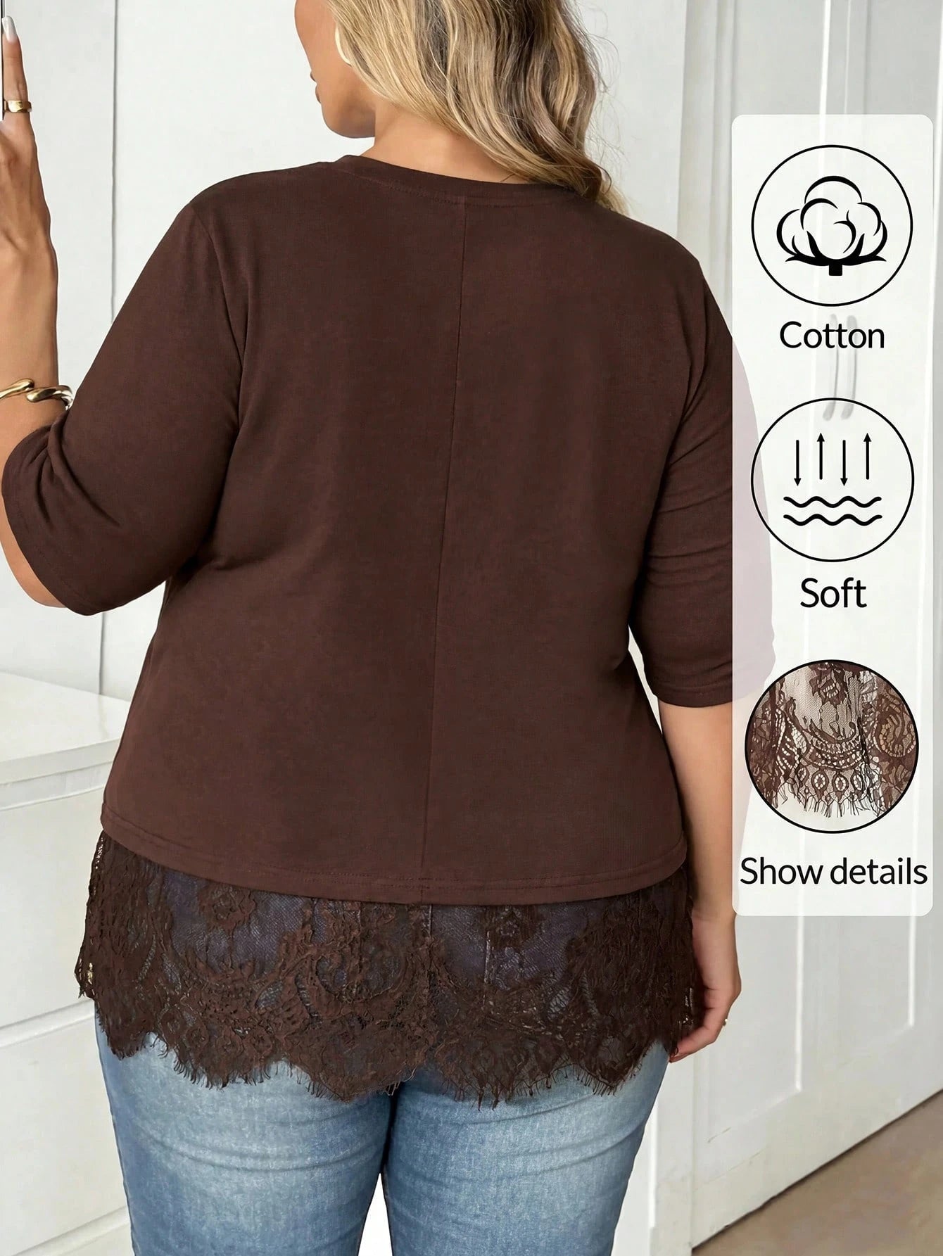 CURVE+ Plus Size Women's Cotton Blend T-Shirt,Elegant Lace Hem Round Neck Casual Top,Brown,Autumn,Smart Casual,Everyday,Short Sleeved Fashionable Black Top