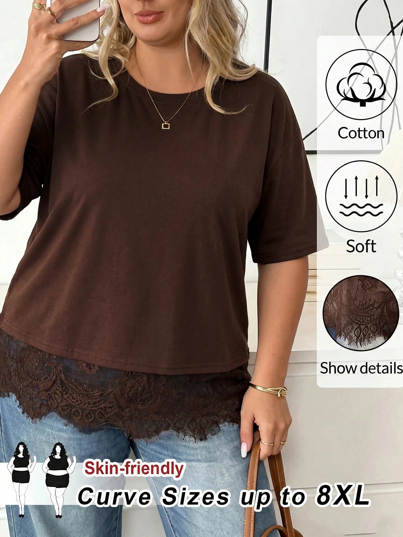 CURVE+ Plus Size Women's Cotton Blend T-Shirt,Elegant Lace Hem Round Neck Casual Top,Brown,Autumn,Smart Casual,Everyday,Short Sleeved Fashionable Black Top