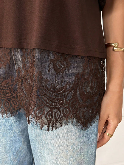 CURVE+ Plus Size Women's Cotton Blend T-Shirt,Elegant Lace Hem Round Neck Casual Top,Brown,Autumn,Smart Casual,Everyday,Short Sleeved Fashionable Black Top