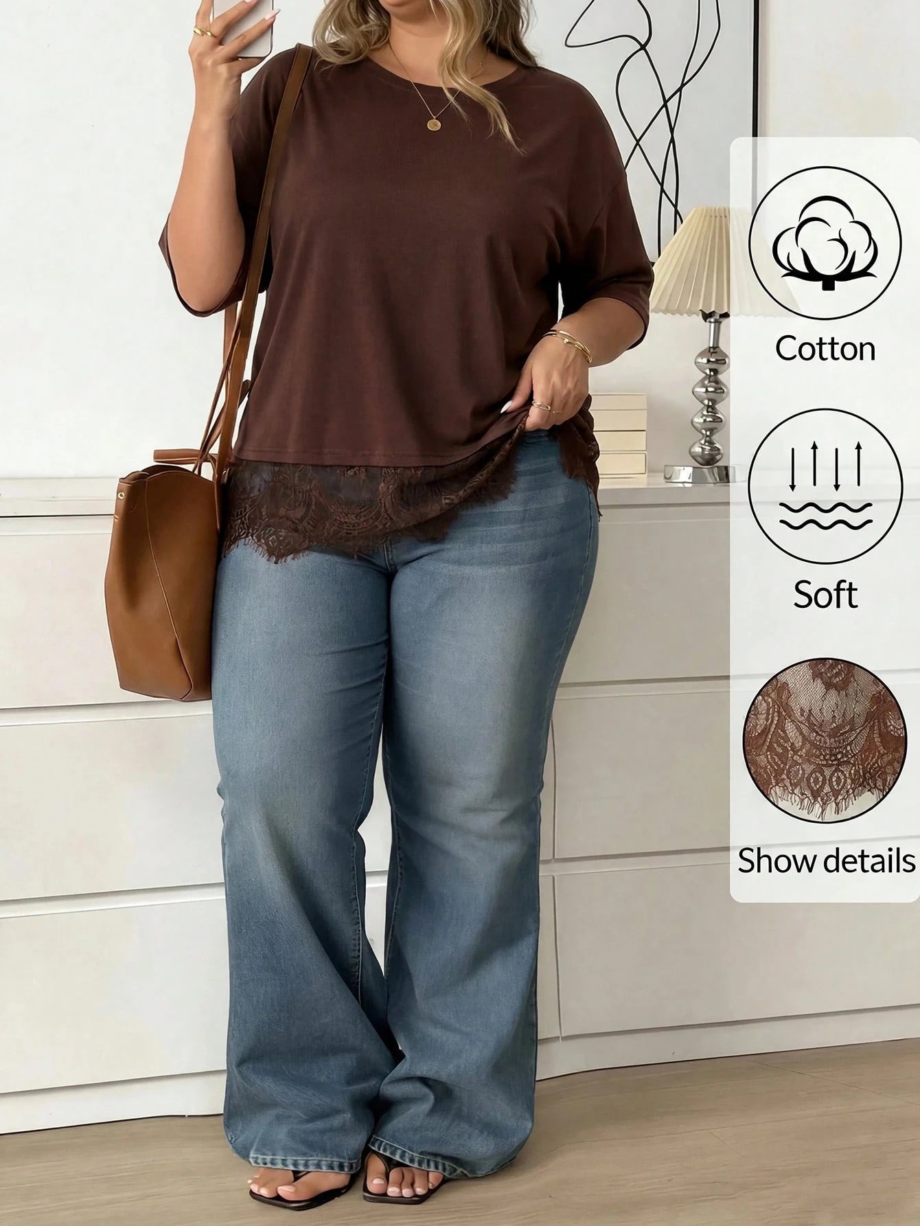 CURVE+ Plus Size Women's Cotton Blend T-Shirt,Elegant Lace Hem Round Neck Casual Top,Brown,Autumn,Smart Casual,Everyday,Short Sleeved Fashionable Black Top