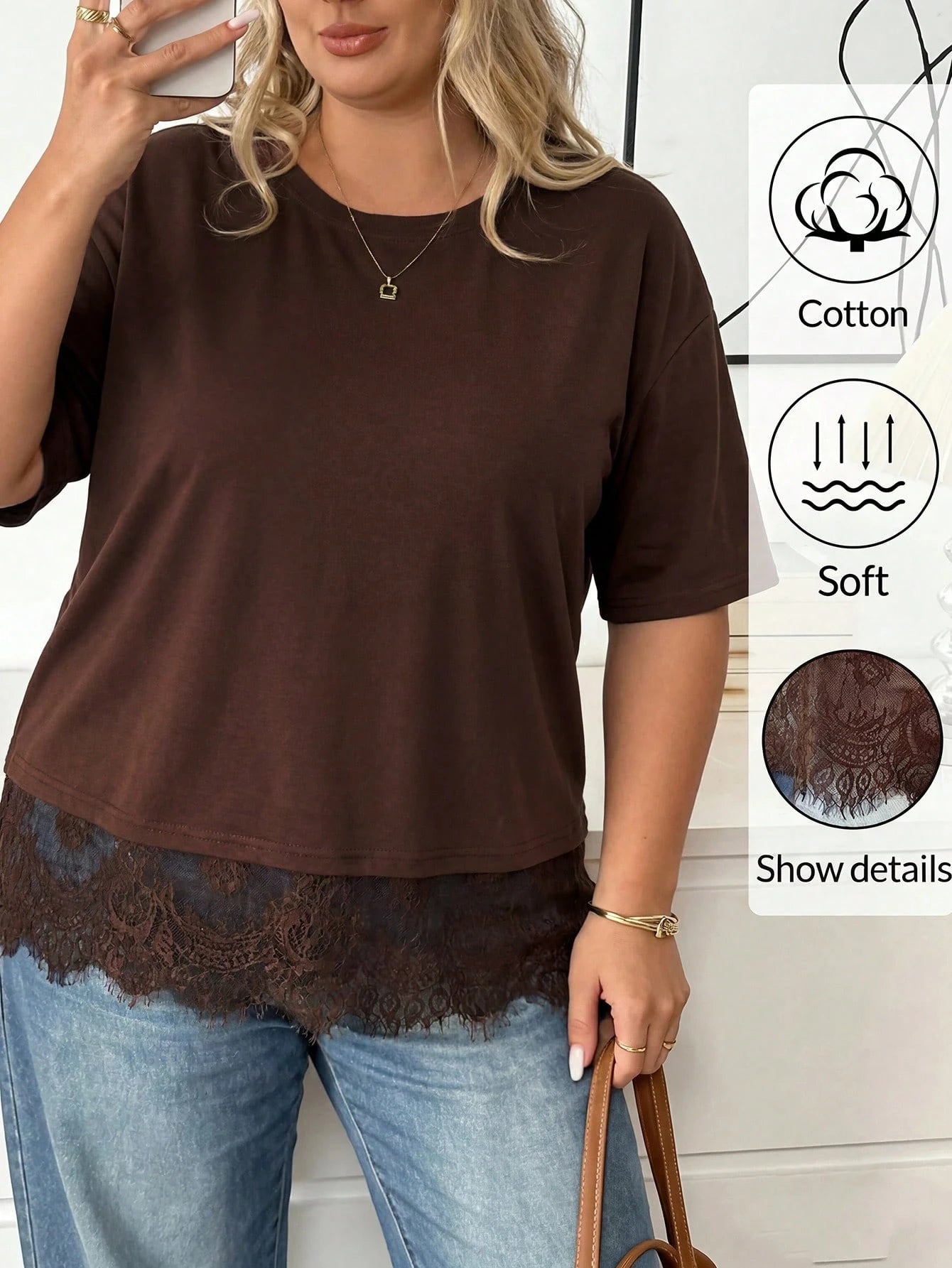 CURVE+ Plus Size Women's Cotton Blend T-Shirt,Elegant Lace Hem Round Neck Casual Top,Brown,Autumn,Smart Casual,Everyday,Short Sleeved Fashionable Black Top