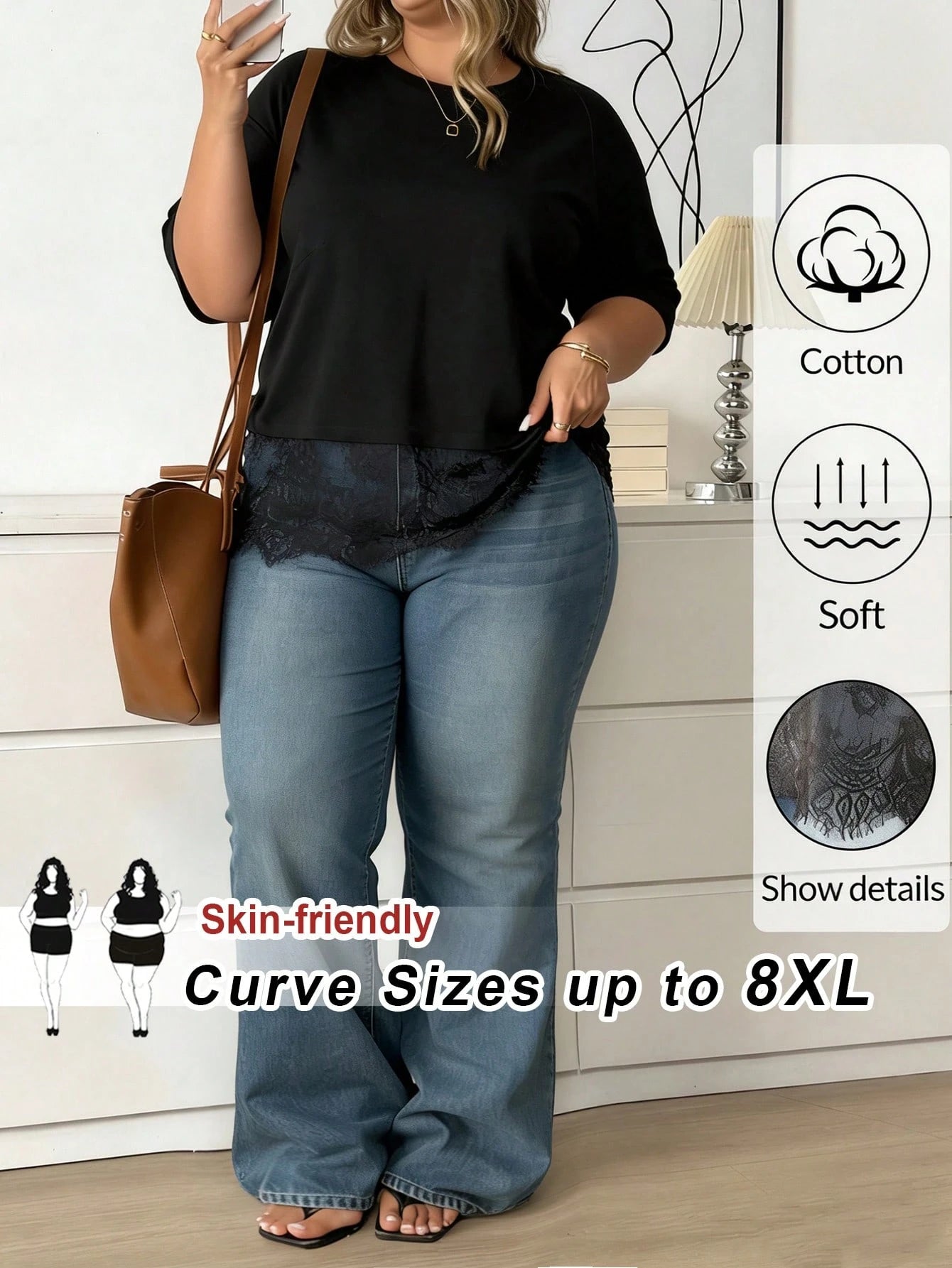 CURVE+ Plus Size Women's Cotton Blend T-Shirt,Elegant Lace Hem Round Neck Casual Top,Brown,Autumn,Smart Casual,Everyday,Short Sleeved Fashionable Black Top