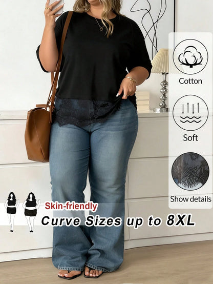 CURVE+ Plus Size Women's Cotton Blend T-Shirt,Elegant Lace Hem Round Neck Casual Top,Brown,Autumn,Smart Casual,Everyday,Short Sleeved Fashionable Black Top