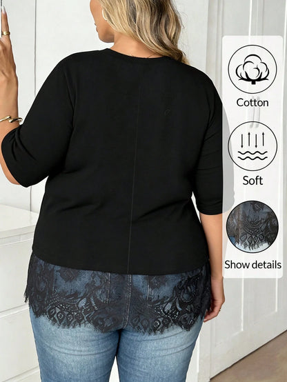 CURVE+ Plus Size Women's Cotton Blend T-Shirt,Elegant Lace Hem Round Neck Casual Top,Brown,Autumn,Smart Casual,Everyday,Short Sleeved Fashionable Black Top