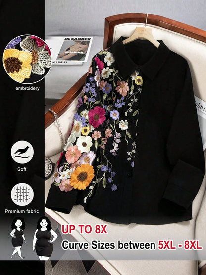 CURVE+ Plus Size Women's Floral Embroidery Pattern Casual Versatile Daily Outing Shirt Fall