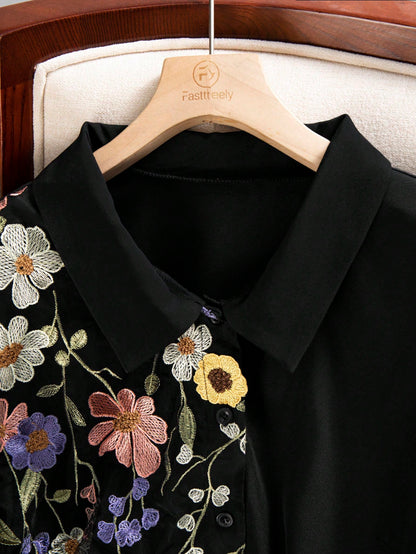 CURVE+ Plus Size Women's Floral Embroidery Pattern Casual Versatile Daily Outing Shirt Fall