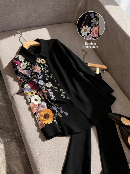CURVE+ Plus Size Women's Floral Embroidery Pattern Casual Versatile Daily Outing Shirt Fall