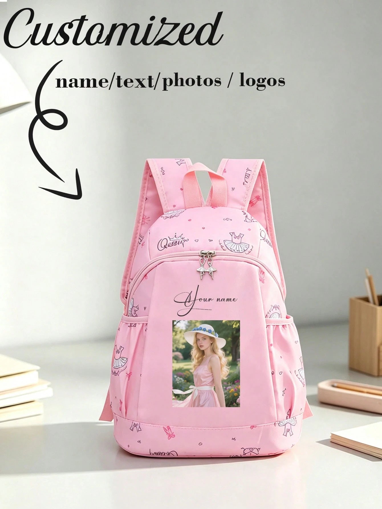 Custom Back Design, Customizable Name/Text/Photo, DIY, Solid Color Minimalist, Large Capacity, Lightweight, Comfortable Shoulder Straps, Zipper Closure; Suitable For School, Commuting, Travel; Applica