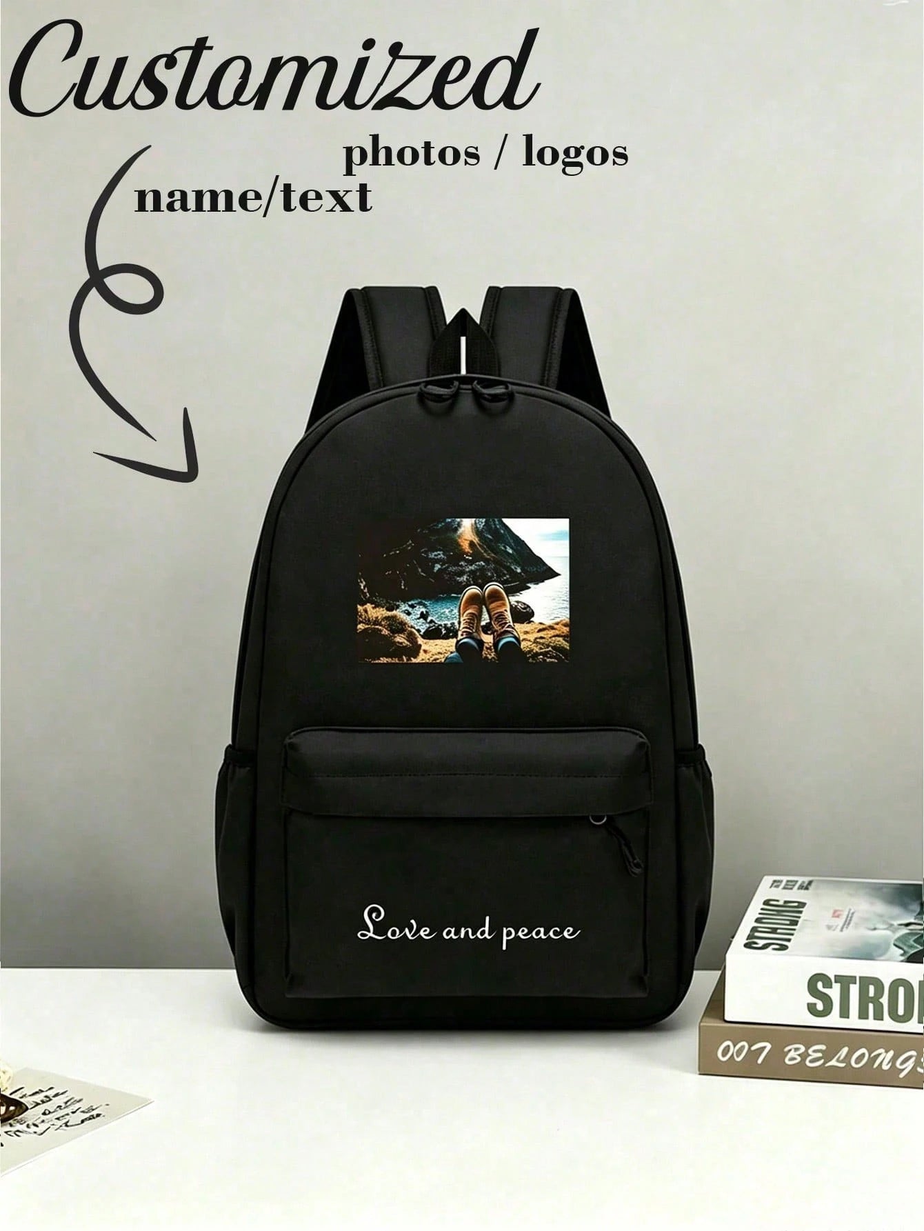 Custom Back Design, Customizable Name/Text/Photo, DIY, Solid Color Minimalist, Large Capacity, Lightweight, Comfortable Shoulder Straps, Zipper Closure; Suitable For School, Commuting, Travel; Applica