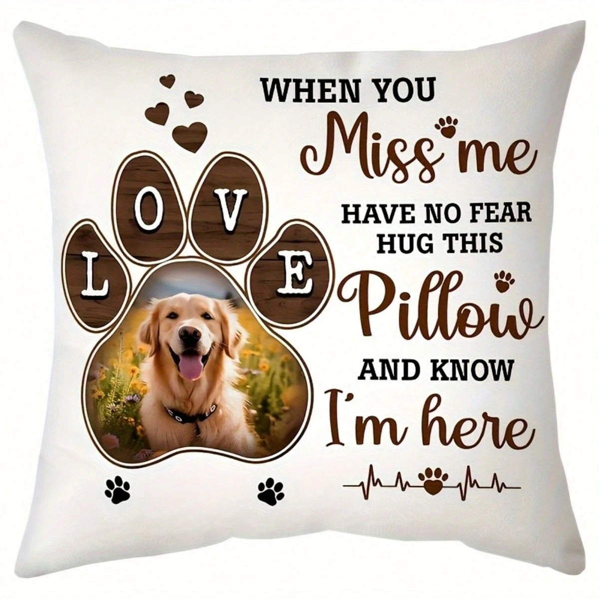 Custom Pets Memorial Throw Pillow, Personalized Printed Brown Love Paw Pillowcase Hugs From Heaven Custom Photo For Dog Cat Memorial & Sympathy Gifts Pet Loss Gift, No Pillow Core Included, Personaliz