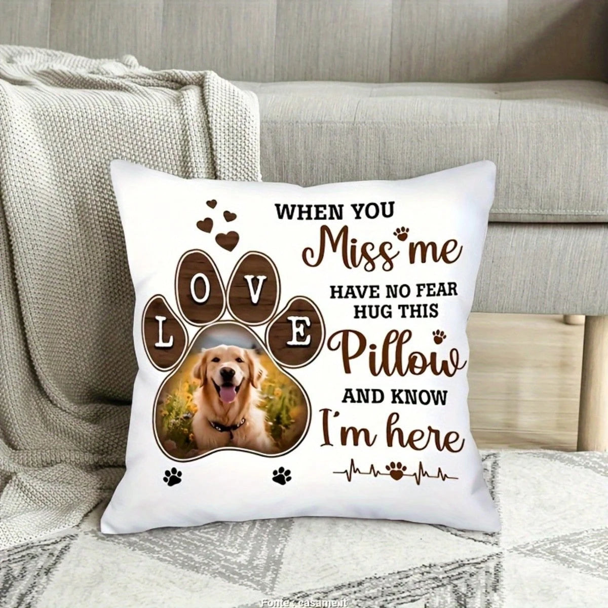 Custom Pets Memorial Throw Pillow, Personalized Printed Brown Love Paw Pillowcase Hugs From Heaven Custom Photo For Dog Cat Memorial & Sympathy Gifts Pet Loss Gift, No Pillow Core Included, Personaliz