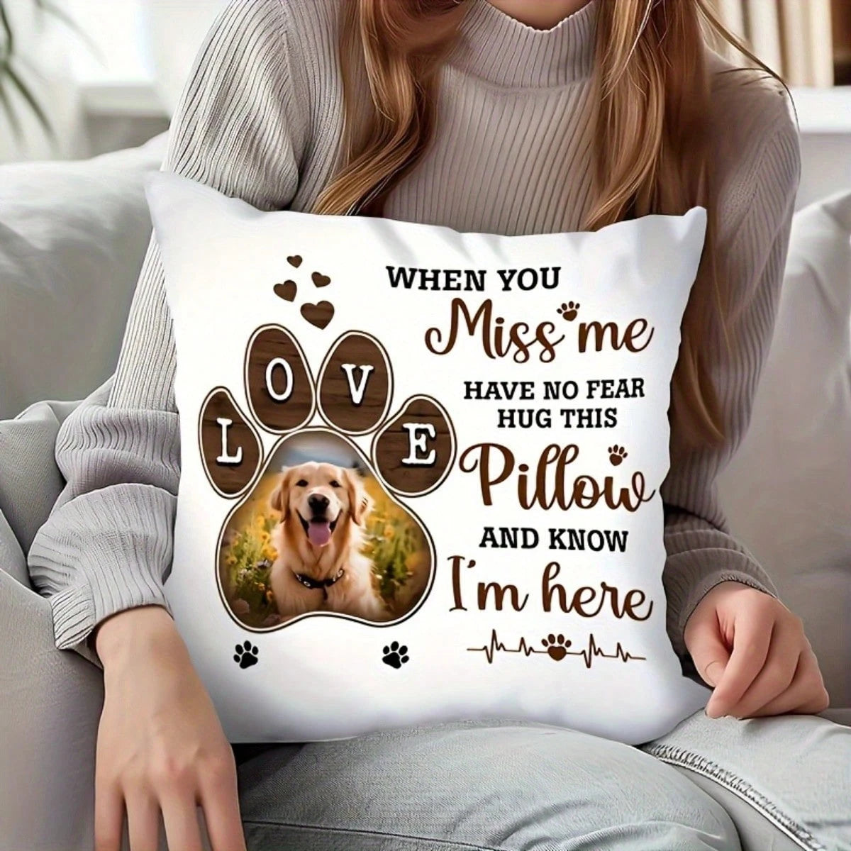 Custom Pets Memorial Throw Pillow, Personalized Printed Brown Love Paw Pillowcase Hugs From Heaven Custom Photo For Dog Cat Memorial & Sympathy Gifts Pet Loss Gift, No Pillow Core Included, Personaliz