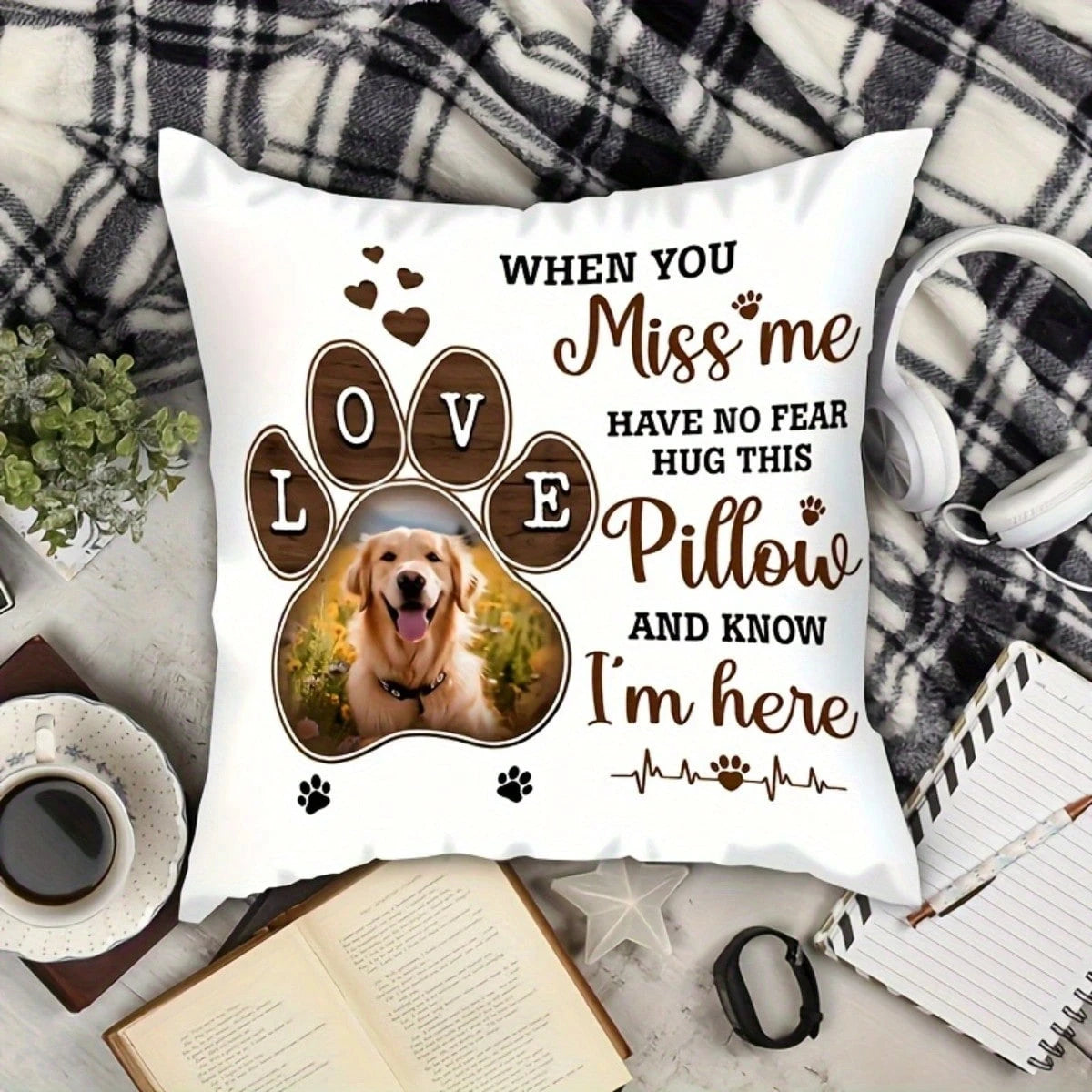 Custom Pets Memorial Throw Pillow, Personalized Printed Brown Love Paw Pillowcase Hugs From Heaven Custom Photo For Dog Cat Memorial & Sympathy Gifts Pet Loss Gift, No Pillow Core Included, Personaliz