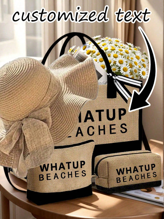 Customized Linen Beach Bag & Beach Hat, Letter Canvas Tote, Including Small Bag, Large Handbag, Beach Travel Tote, Suitable For Bridesmaids, Brides Party, Birthday, Flower Girl, Holiday, Bachelor Part