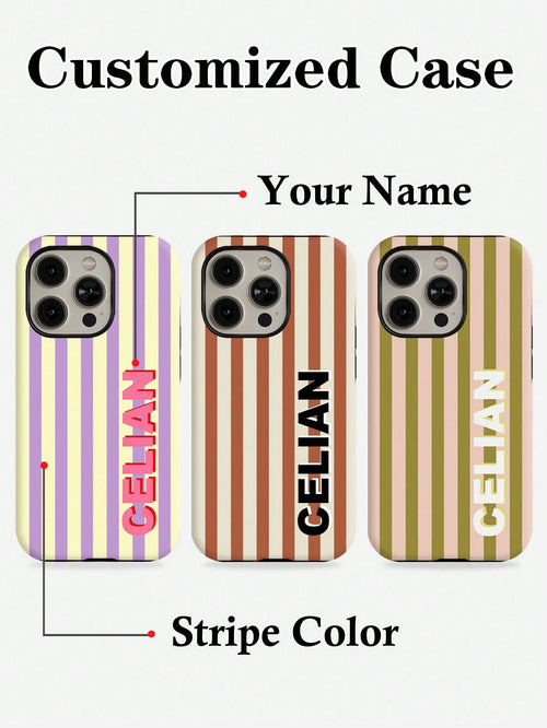 Customized Striped Patchwork Letter Color 2-In-1 Glossy Protective Hard Phone Case Cover Compatible With 11/12/13/14/15/16 17 Pro Max, Personalized Name Letter Shockproof Protective Shell, DIY Phone C