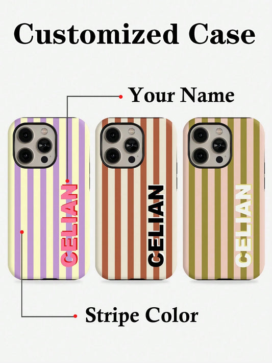Customized Striped Patchwork Letter Color 2-In-1 Glossy Protective Hard Phone Case Cover Compatible With 11/12/13/14/15/16 17 Pro Max, Personalized Name Letter Shockproof Protective Shell, DIY Phone C