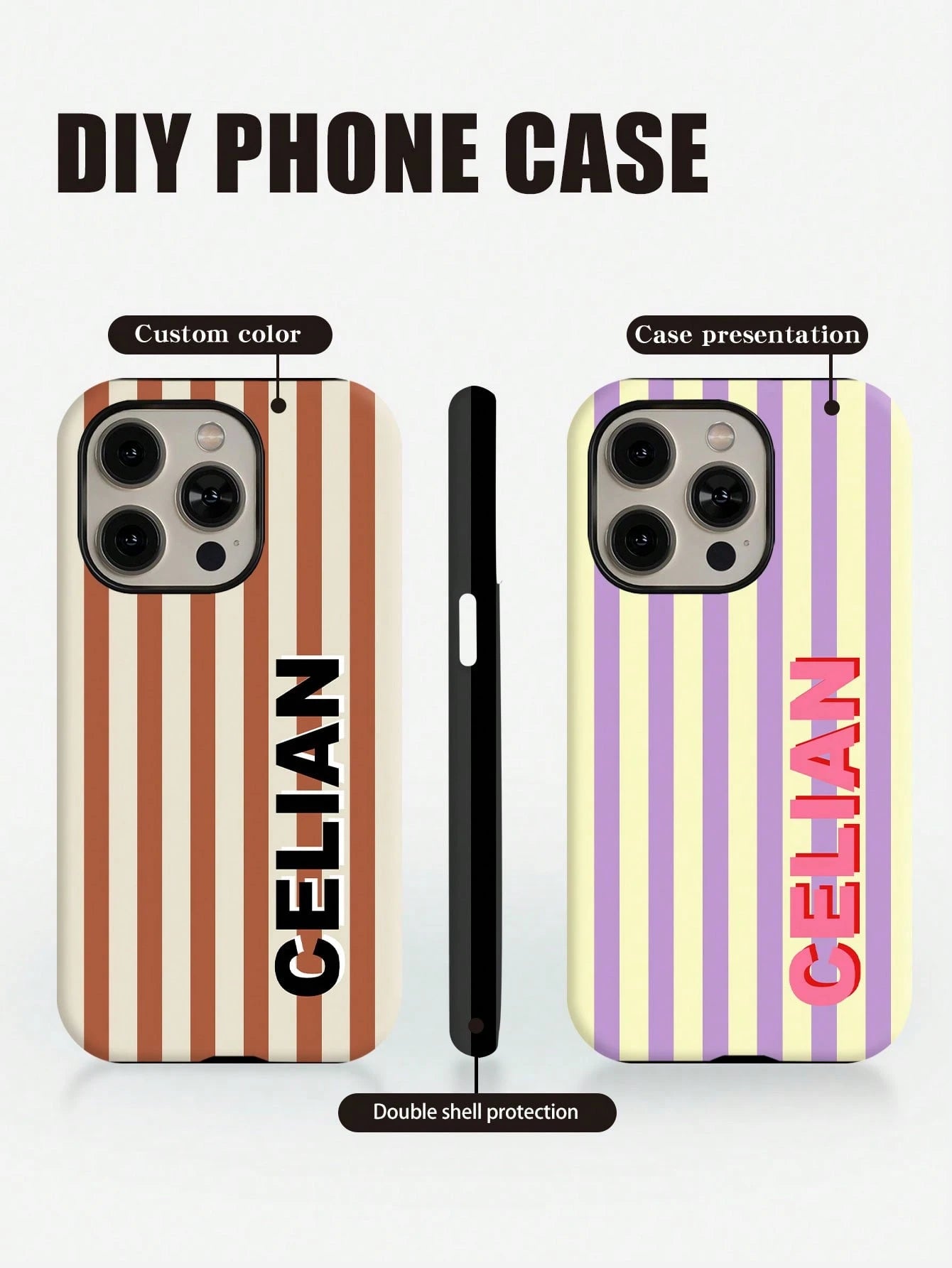 Customized Striped Patchwork Letter Color 2-In-1 Glossy Protective Hard Phone Case Cover Compatible With 11/12/13/14/15/16 17 Pro Max, Personalized Name Letter Shockproof Protective Shell, DIY Phone C
